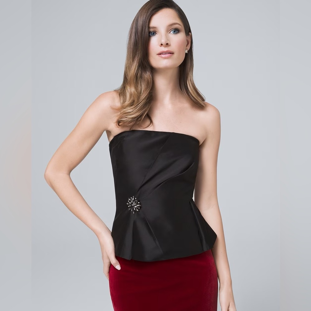 White House Black Market Black Draped Bustier Top With Brooch- like new